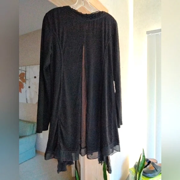 Black MOLLO RELLO Faux Suede Stretch Mix Media Longline Cardigan S/M - Picture 3 of 14